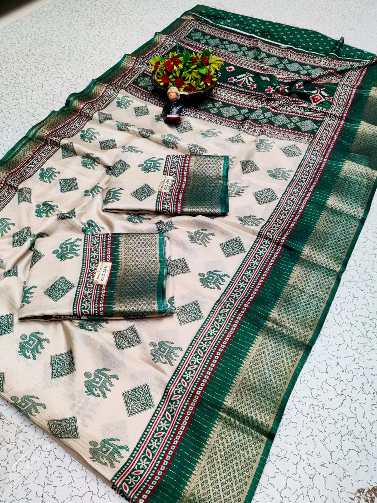 Elephant Block Print Zari Semi Silk Saree